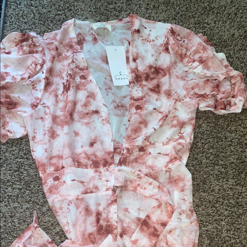 SHEIN Pink and White Tie-Dye Wrap Blouse